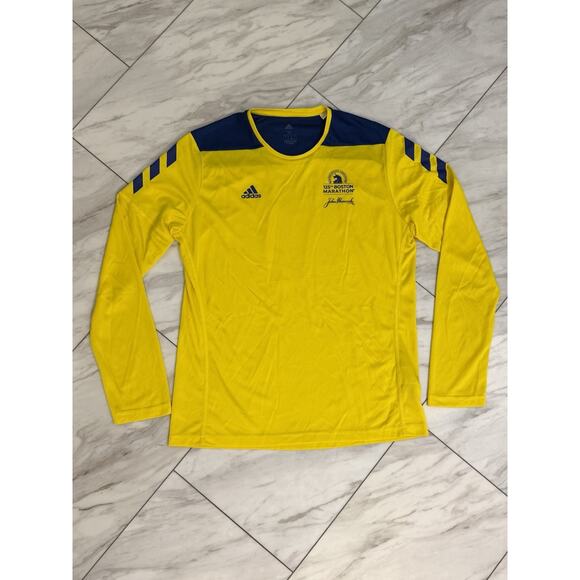 Adidas Shirt 125th Boston Marathon Mens Medium Yellow Blue Long Sleeve Run Race - Picture 1 of 6